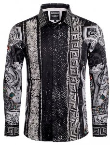 Barabas Black / White Cotton Crystal Studded Greek Design Long Sleeve Shirt SPR962