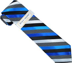Stacy Adams Collection SA009 Royal Blue / Black / Silver Grey Diagonal Stripes 100% Woven Silk Necktie/Hanky Set