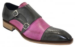 Duca Di Matiste 202 Grey Genuine Italian Calfskin / Purple Calf Print Shoes With Double Monk Strap.