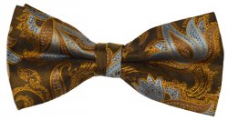 Classico Italiano Chocolate Brown / Sky Blue / Taupe / Mustard Paisley Design 100% Silk Bow Tie / Hanky Set BH2225