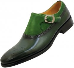 Carrucci Emerald Green Calfskin / Suede Medallion Toe Monk Strap Shoes KS886-737