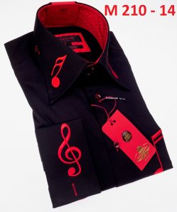 Axxess Black / Red Music Note Embroidered Cotton Modern Fit French Cuff Shirt M210-14