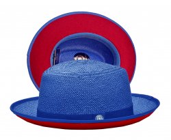 Bruno Capelo Royal Blue / Burnt Red Bottom Natural Straw Fedora Hat EM-516