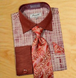 Fratello Burgundy / Beige Self Design Shirt / Tie / Hanky Set With Free Cufflinks FRV4129P2