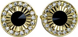 Fratello Gold Plated Round Cufflinks Set With Black Enamel And Rhinestone CL001