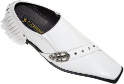 Fiesso White Fringe Leather Shoes With Metal Anchor Buckle And Metal Studs On The Strap FI8119