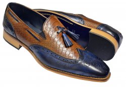Duca Di Matiste Cognac / Navy Blue Italian Calfskin / Python Design Leather Loafers With Tassels 1866