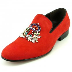 Fiesso Red Suede Multi Color Rhinestone Ornament Slip On Shoes F17355.