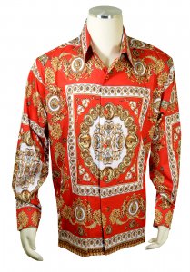 Pronti Red / Gold / White Greek Pattern Long Sleeve Shirt S6598