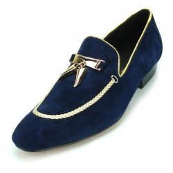 Fiesso Navy / Gold Suede Leather Loafers With Gold Tassels / Embroidery FI7157.