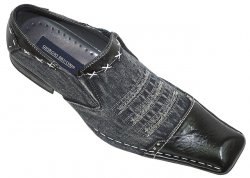 Giorgio Brutini Denim Black Pleated Denim Leather Shoes With White Cross Stitch And Black Leather On The Tip Of The Shoes 173491