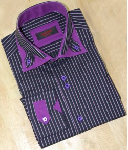 Axxess Black / Purple / White Stripes With Tabbed Collar Tabbed Cuffs 100% Cotton Dress Shirt