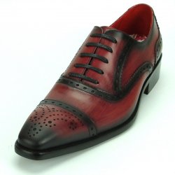 Fiesso Burgundy Genuine Leather Lace-up Cap Toe Perforated Shoes FI8713.