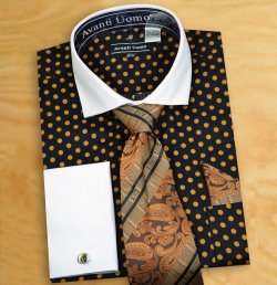 Avanti Uomo Black / Taupe Polka Dot Design 100% Cotton Shirt / Tie / Hanky / Cufflinks Set DN47M