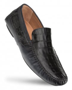 Mezlan "RX7347-F" Black Genuine Crocodile / Calf-Skin Leather Driver Moccasin Loafer Shoes.