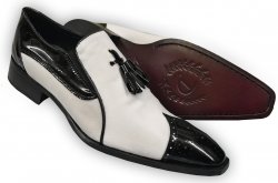 Duca 0240 Black / White Cashmere Velvet / Polished Italian Calfskin Loafers W/ Tassels