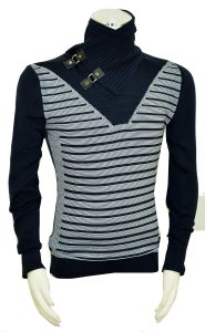 Barabas Navy / White Pull-Over Buckled Shawl Collar Modern Fit Sweater LS206