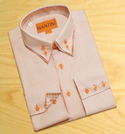 Manzini Melon With Orange / Blue Plaid Double Layered High Collar 100% Cotton Dress Shirt W4