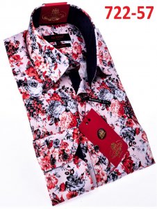 Axxess White / Black / Red Flower Design Cotton Modern Fit Dress Shirt With Button Cuff 722-57.