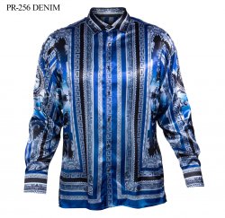 Prestige Royal Blue / Silver / Black Satin Medusa / Greek Design Shirt PR-256