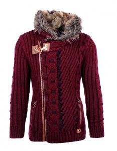 LCR Burgundy / Black Zip-Up Faux Fur Lined Modern Fit Wool Blend Hooded Sweater 5555