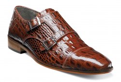 Stacy Adams "Golato" Cognac Leather Hornback Crocodile Print Double Monk Straps Shoes 25117-221