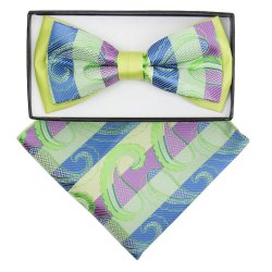 Classico Italiano Lime Green / Purple Paisley Design Double Layer 100% Silk Bow Tie / Hanky Set TTB1009
