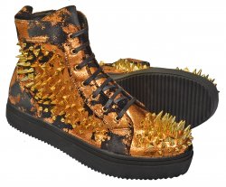 Fiesso Metallic Orange / Black Microsuede High Top Sneakers With Gold Spikes FI7189