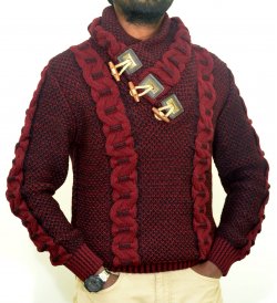 LCR Burgundy / Black Shawl Collar Pull-Over Modern Fit Wool Blend Sweater 5595