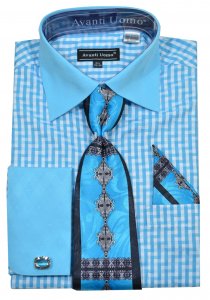 Avanti Uomo Aqua Blue / White Cotton Dress Shirt / Tie / Hanky / Cufflinks Set DN76M