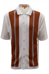 Silversilk White / Rust / Black Button Up Knitted Short Sleeve Shirt 6104