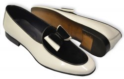 Duca 5009 White / Black Cashmere Velvet / Polished Italian Calfskin Bow Pump Loafers
