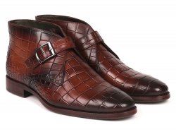Paul Parkman "8638-BRW" Brown Crocodile Embossed Genuine Italian Calfskin Single Monk Strap Ankle Boots