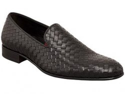 Mezlan "MACARIO" Black Antiqued Italian Calfskin with Perforated Design Trim Loafer Shoes