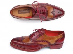 Paul Parkman "027-TRP-CMLBRD" Brogues Bordeaux / Camel Genuine Leather Wingtip Shoes.