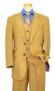 Apollo King Yellow / Sky Blue Double Windowpanes With Yellow Handpick Stitching Super 150's Wool Vested Wide Leg Suit WH-2126