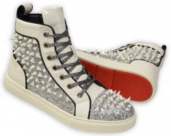 Fiesso White / Black / Silver Glitter / Spiked PU Leather High Top Sneakers FI2369