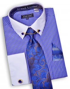 Avanti Uomo Royal Blue / White Pinstripe Dress Shirt / Tie / Hanky / Cufflinks / Collar Bar Set DN77M.