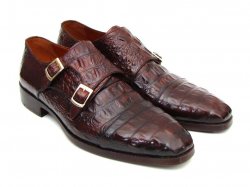 Paul Parkman ''045FG12''Brown / Burgundy Genuine Calfskin Print Crocodile Double Monkstraps Shoes.