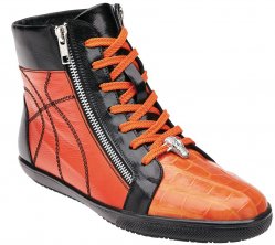 Belvedere "Magic" Black / Orange Genuine Crocodile And Soft Italian Calf Ankle Boots With Side Zipper / Alligator Head 33021
