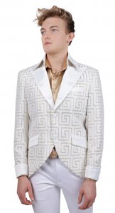 Barabas White / Metallic Gold Greek Design Cuffed Satin Slim Fit Blazer BL3088