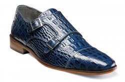 Stacy Adams "Golato" Navy Blue Leather Hornback Crocodile Print Double Monk Straps Shoes 25117-400