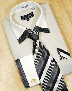 Avanti Uomo Beige / Cream With Embroidered Design Shirt/Tie/Hanky Set DN41M