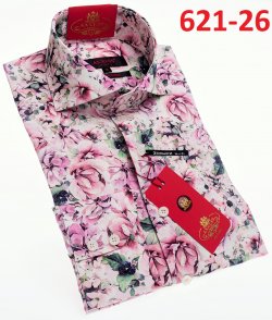 Axxess Pink / Sage Cotton Flower Design Modern Fit Dress Shirt With Button Cuff 621-26.