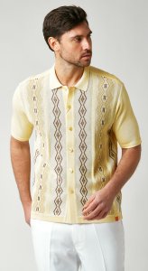 Silversilk Soft Yellow / Brown Button Up Knitted Short Sleeve Shirt 1212