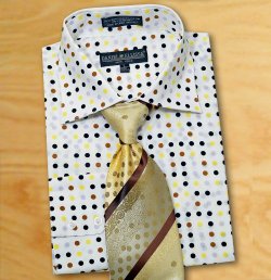 Daniel Ellissa White / Brown Dotted Shirt / Tie / Hanky Set With Button Cuff FC7007