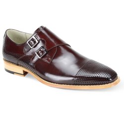Giovanni "Gyles" Wine Burnished Calfskin Perforated Cap Toe Double Monk Strap Shoes.