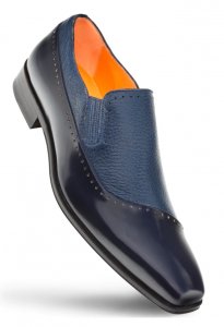 Mezlan "S20466" Blue Genuine Calf-Skin Leather / Deerskin Hand-Stained Venetian Slip-On Dress Shoes.