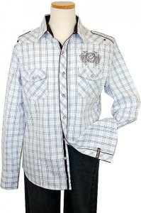 English Laundry White/Brown/Sky Blue Plaid With Grey Embroidered "English Laundry Emblem" Design Long Sleeves 100% Cotton Shirt ELW1038