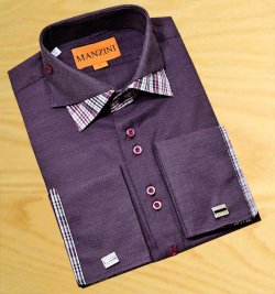 Manzini Plum Embroidered Pinstripes With Black / White Plaid Double Layered High Collar French Cuff 100% Cotton Dress Shirt With Free Cufflinks